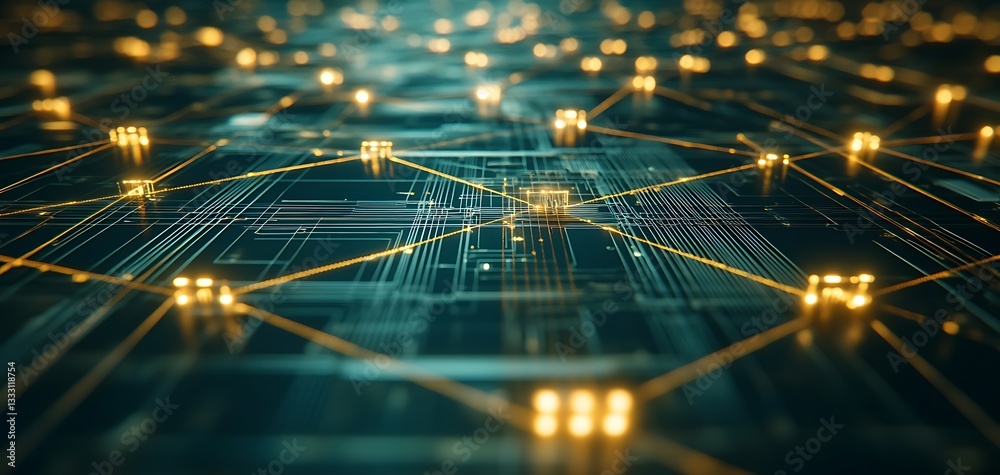 Poster interconnected network of golden nodes on a circuit board pattern