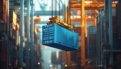 Global Trade and Logistics: A Blue Cargo Container Suspended in a Busy Port