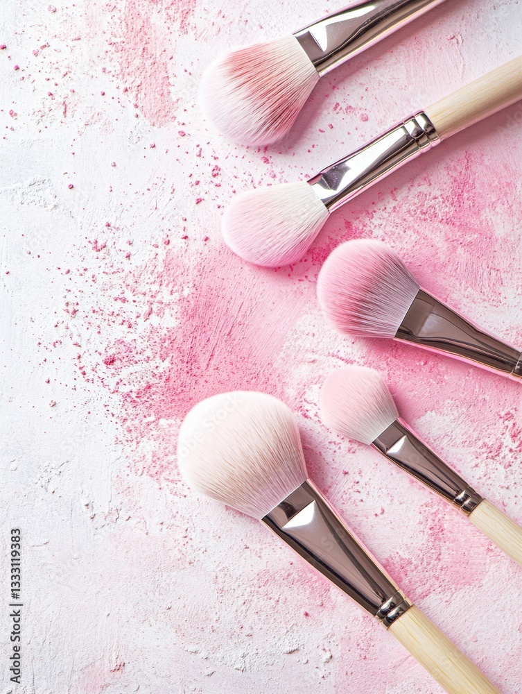 Poster makeup brushes arranged artistically with blush strokes on a soft pastel background generative ai