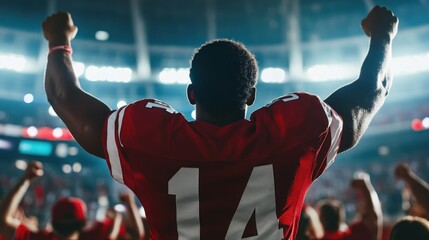 Triumphant Athlete: A Football Player Celebrates Victory in a Stadium