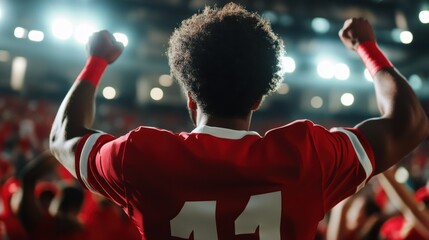 Triumphant Victory: A Football Player Celebrates in a Stadium