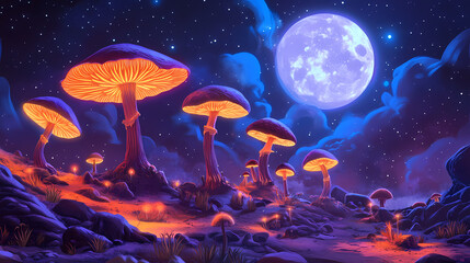 Naklejka premium Colorful giant mushrooms glow under a full moon on a surreal lunar landscape with rocks and small plants at night. Alien Fungi. Illustration