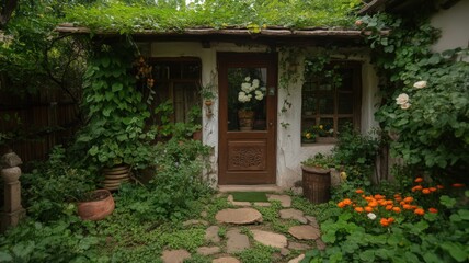 Fototapeta premium Overgrown Cottage Entrance with Stone Path and Lush Greenery