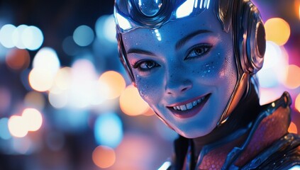 Smiling Cyborg in Neon Cityscape
