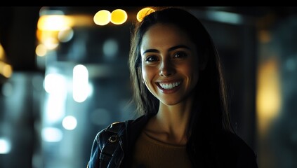 Night Portrait: A Smiling Woman in City Lights