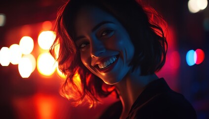 Nightlife Portrait: A Captivating Smile in Vibrant City Lights