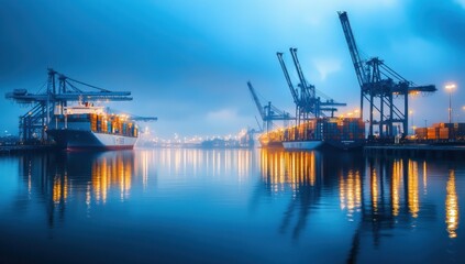 Night at the Port: Container Ships and Cranes in Twilight