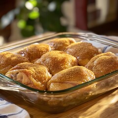 Seasoned Chicken Thighs Ready for Baking in Glass Dish