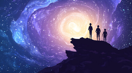 Fototapeta premium Silhouetted figures standing on a cliff gazing at a vibrant cosmic swirl in a starry night sky