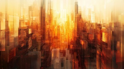 Abstract golden cityscape reflecting light hazy atmosphere.