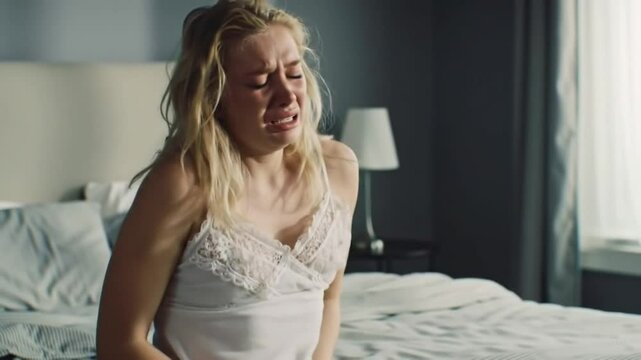 woman sitting on bed with pain, young woman sitting on bed video, young woman suffering from acute pain, woman suffering in pain. young woman suffering in pain, ai generated