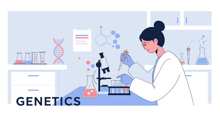 Female scientist working on advanced genetics technology in the lab. colorful minimalist flat design illustration