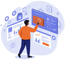 Man working on firewall for Cybersecurity system. Colorful minimalist flat design illustration