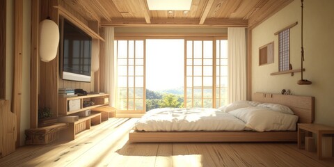 Obraz premium A serene bedroom interior featuring natural wood and expansive views
