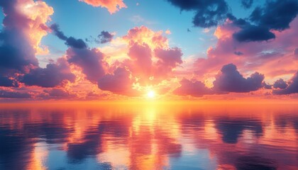 Fototapeta premium Aerial view of a vibrant sunset illuminating the ocean and clouds.