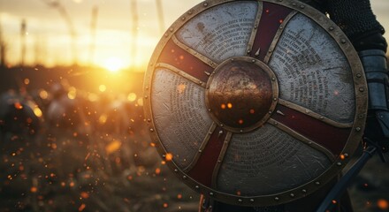Warrior holding a shield at sunset, with a battlefield and soldiers in the background - armor of god pictures | armour of god