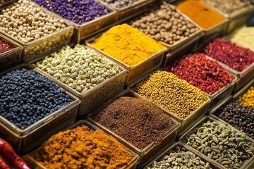 Fototapeta premium Colorful variety of spices in open containers.