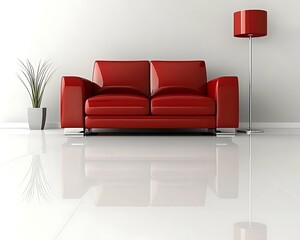 Red Sofa in Modern White Room.