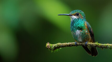 Fototapeta premium Iridescent Green Hummingbird on Mossy Branch in Lush Rainforest