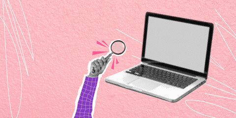 Trendy pop art collage search concept. Halftone laptop, cut out hand with magnifying glass. Modern retro textured vector illustration. Information search, people attraction, HR work