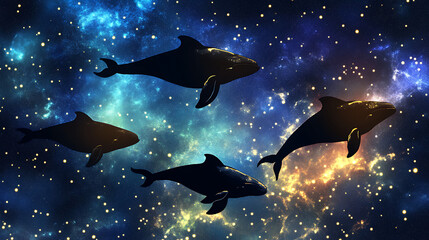Four whales swimming gracefully through a vibrant cosmic scene filled with stars and colors