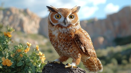 Focused owl perched on a stump, bright eyes