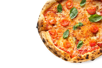 Tasty pizza Margarita with basil leaves on white background