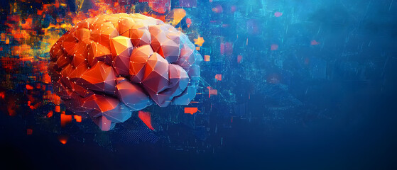 Abstract blue background with colorful low-poly brain and circuit board elements for an artificial intelligence concept illustration design, AI technology banner template Generative AI