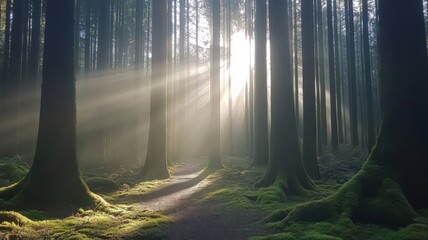 Obraz premium Sunbeams Through a Misty Forest Path