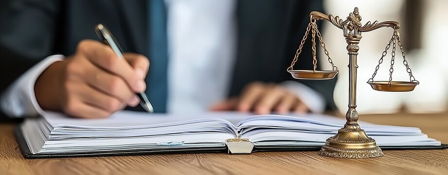 A lawyer writing in a notebook with a scale of justice in the foreground.