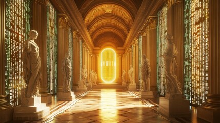 Obraz premium Golden statues line a gleaming futuristic hall.