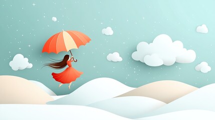 Fototapeta premium A girl with an umbrella floats amidst clouds and hills