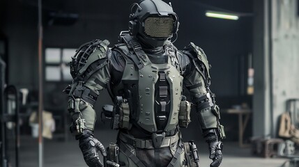 Fototapeta premium Ai enhanced full body nanotech armor adapting combat situations ultra HD futuristic cyber soldier augmentation