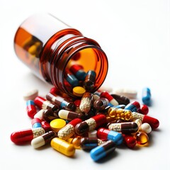 Disorganized Pills Spilled from Bottle on White Background