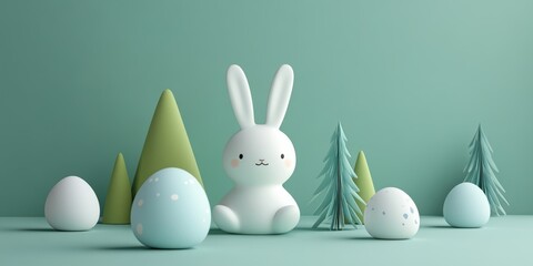 Colorful Easter eggs and a cute bunny create a festive holiday atmosphere.