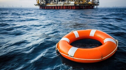 A bright orange life raft floating near an offshore oil rig, emphasizing safety measures at sea
