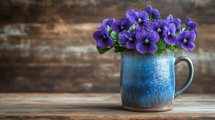 A bright ceramic mug repurposed as a pot, containing lush purple violets on a wooden surface