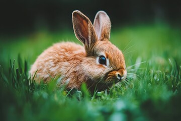 Fototapeta premium A small rabbit sits peacefully in the green grass, symbolizing spring and Easter joy.