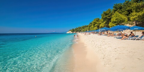 Fototapeta premium People relax on the beach under umbrellas enjoying a sunny day with clear skies.