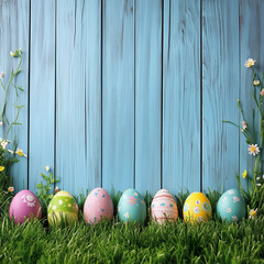 Colorful Easter eggs on green grass against blue wooden background
