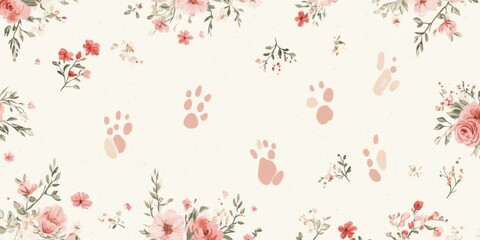 A cat paw print rests on delicate floral wallpaper, blending nature with pet charm.