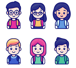 Iconos o avatares sobre fondo transparente representando a distintos estilos de personas o niños en la escuela o colegio