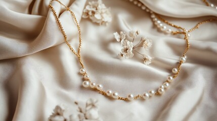 A gold and pearl necklace beautifully displayed on a delicate ivory background