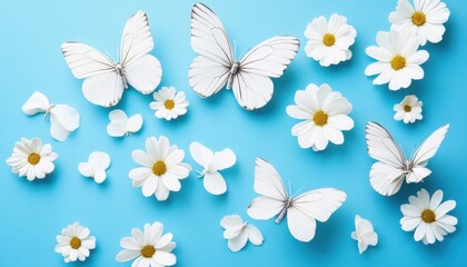 Colorful butterflies and daisies against a serene blue background create a vibrant nature scene.