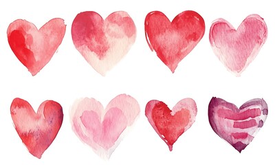 Watercolor painted hearts in shades of red and pink hues