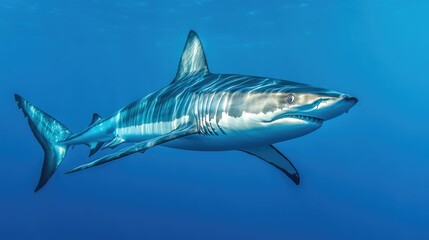 Naklejka premium A mako shark swimming at high speed, its streamlined body reflecting the light from the deep blue sea