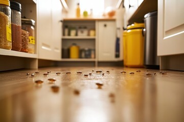 Infestation of Cockroaches on Kitchen Floor Amidst Food Containers