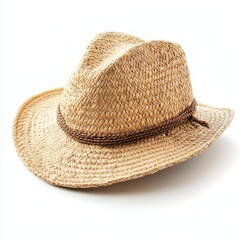 A detailed view of a straw hat featuring a stylish brown band.