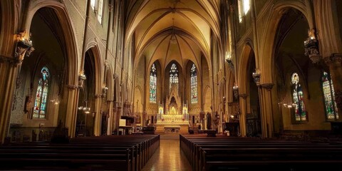 Fototapeta premium Aerial view of a church showcasing pews and beautiful stained glass windows.