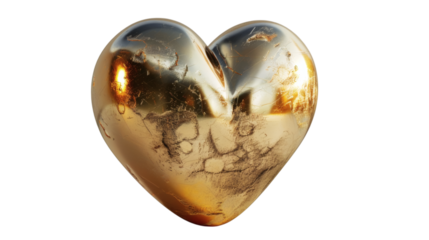 Golden heart with a smooth metallic finish isolated on a white background 3D render